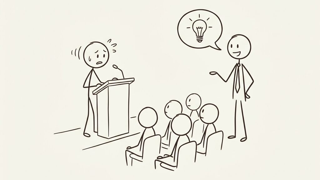 A nervous speaker at a podium while a mentor demonstrates clear communication with an analogy